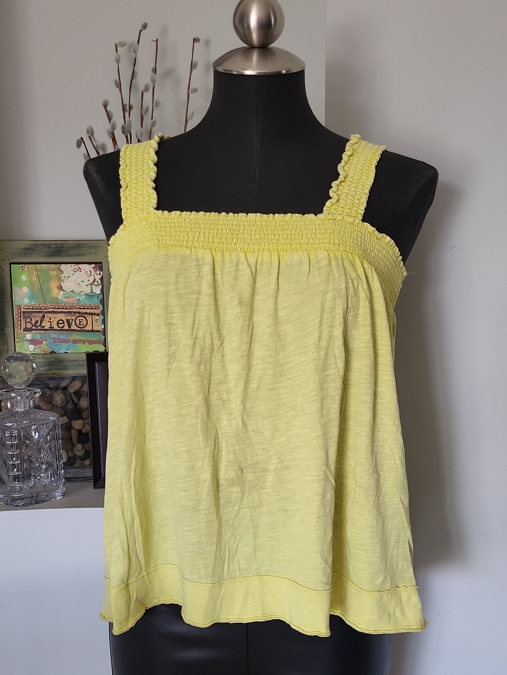 Pilcro Lemon Yellow Smocked Square-Neck Tank Cotton Size Medium